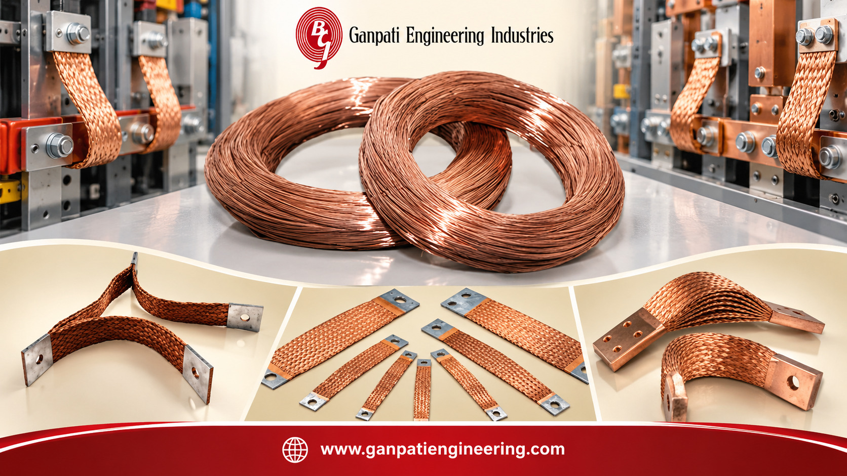 Braided flexible copper jumpers with copper coils and terminal connections for power distribution systems by Ganpati Engineering.